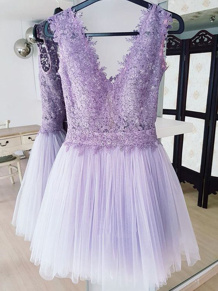 Deep V Neck Lavender Tulle Lace A Line Homecoming Dresses Isabell Pleated Sleeveless Backless