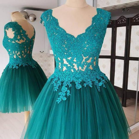 Deep V Neck Backless Hollow Ball Gown Kirsten Homecoming Dresses Pleated Teal Flowers