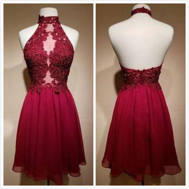 High Neck Backless Appliques Sheer Scarlet A Line Chiffon Homecoming Dresses Halter Pleated