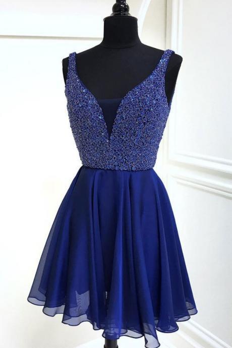 Deep V Neck Appliques Alisha Royal Blue Homecoming Dresses Chiffon A Line Sparkle Sleeveless