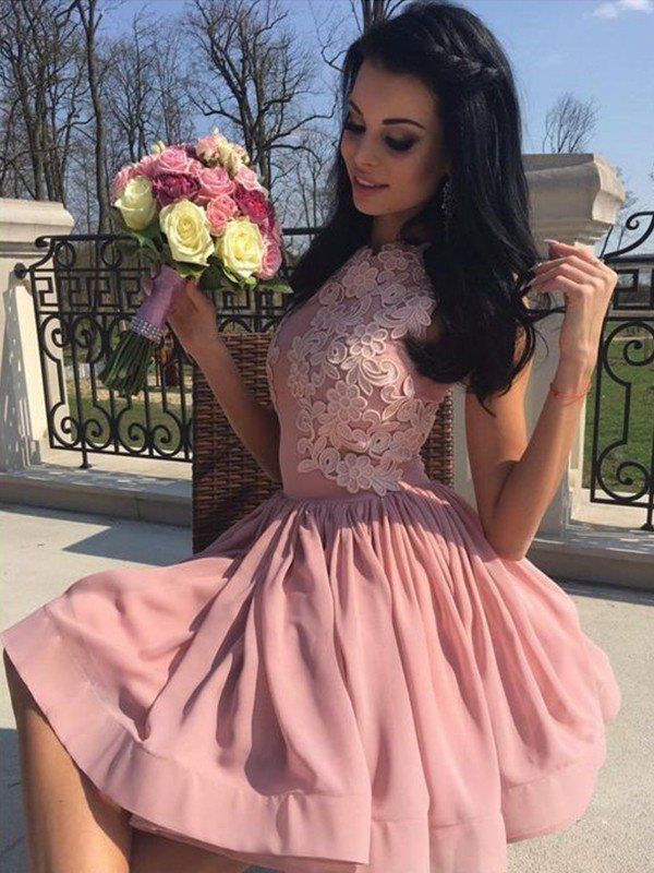 Jewel Pink Homecoming Dresses Kayla A Line Satin Sleeveless Pleated Appliques Flowers