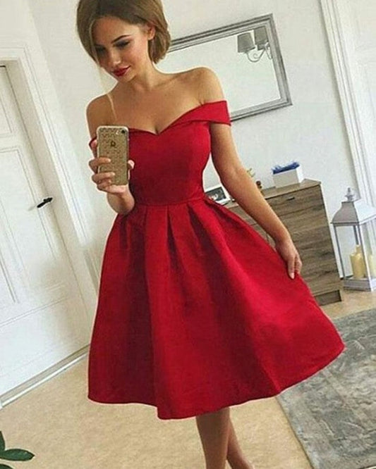 Off The Shoulder Pleated Homecoming Dresses Renee Satin A Line V Neck Red Tea Length