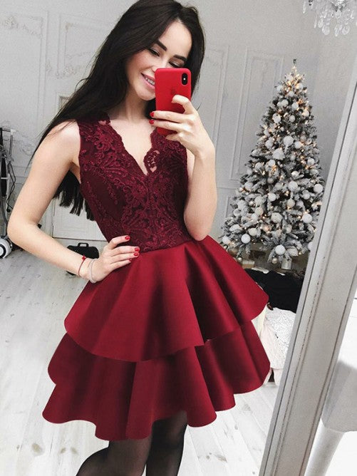 Deep V Neck Homecoming Dresses Lace Nina A Line Sleeveless Tiered Pleated Burgundy Appliques