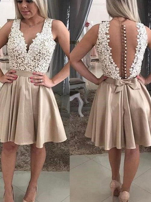 Deep V Neck Sleeveless Appliques Satin Homecoming Dresses Yuliana Pearls Sheer Back Pleated