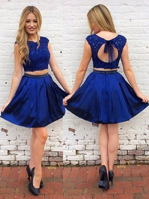 Cap Sleeve Appliques Tess Homecoming Dresses Satin A Line Royal Blue Pleated Jewel Backless