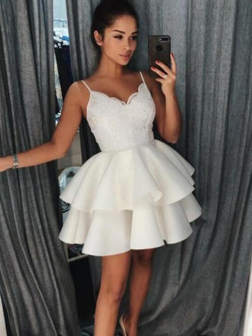 Ball Gown Tiered Pleated V Neck Spaghetti Straps Precious Ivory Satin Homecoming Dresses Lace Short