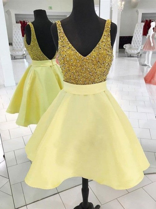 Deep Rylie Satin A Line Homecoming Dresses V Neck Light Yellow Sleeveless Backless Rhinestone