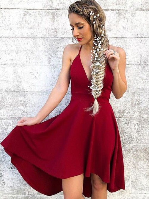 Deep V Neck Burgundy Halter Homecoming Dresses Satin A Line Eva Straps High Low Sleeveless