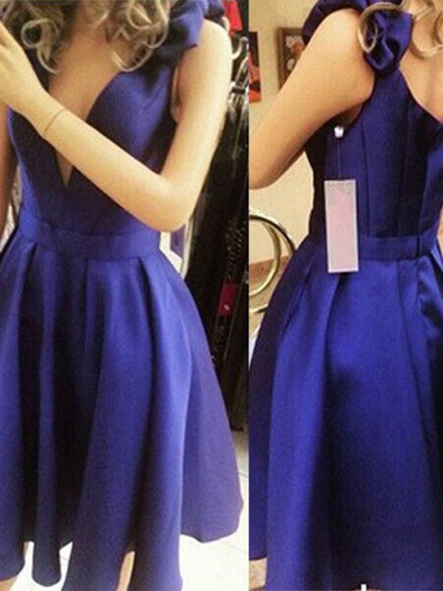 Deep V Neck Pleated A Line Royal Blue Satin Homecoming Dresses Janessa Straps Bowknot Elegant