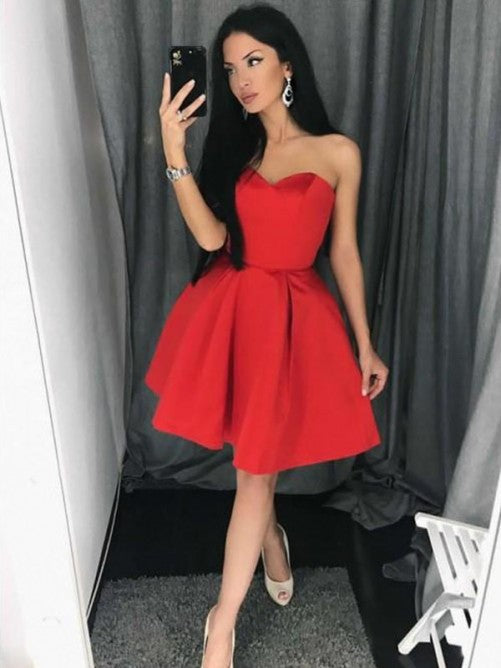 Cute Strapless Sweetheart Sexy Red A Line Livia Satin Homecoming Dresses Pleated Knee Length