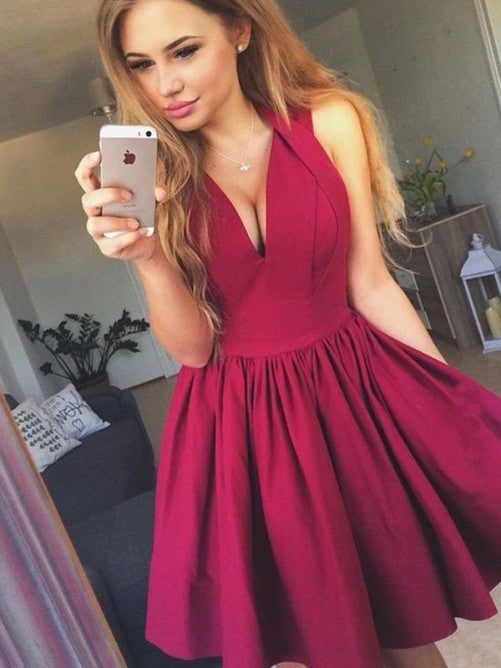 Burgundy Sleeveless Deep V Neck Pleated Satin Nola Homecoming Dresses A Line Short