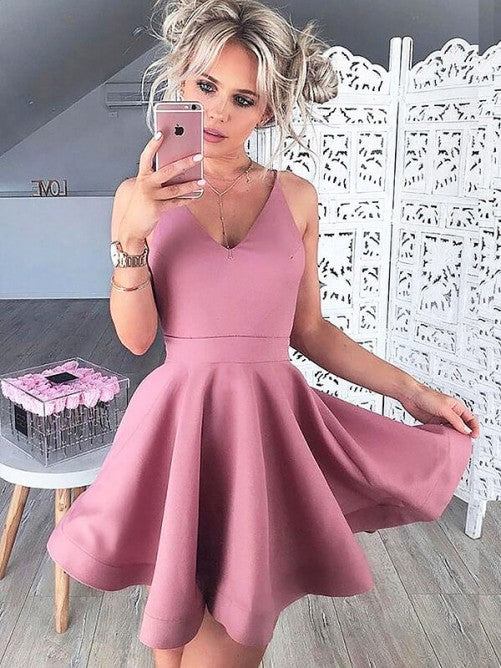 Dusty Rose Straps V Homecoming Dresses Satin Jaylah A Line Neck Sleeveless Pleated Short