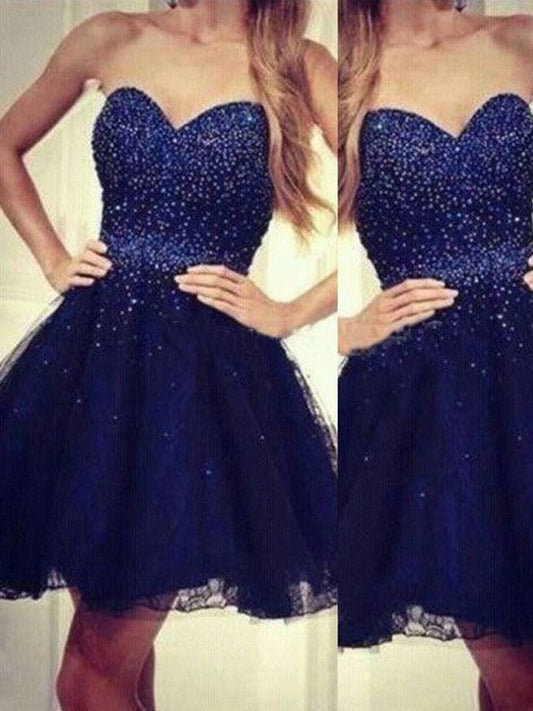 Dark Navy Strapless Sweetheart Kitty A Line Homecoming Dresses Pleated Beading Backless