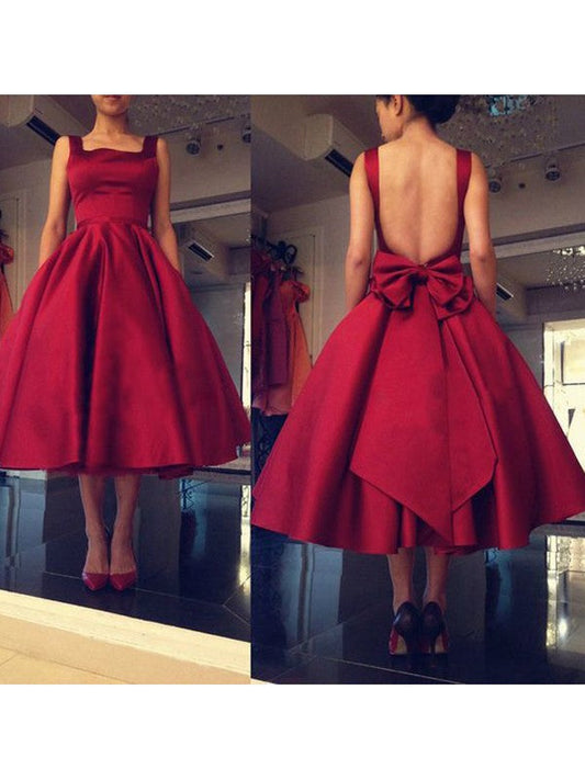 Square Neck Sleeveless Backless Ball Gown Pleated Satin Armani Homecoming Dresses Bowknot