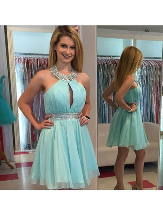 Halter Sleeveless Pleated Blue Chiffon Homecoming Dresses Nylah A Line Cut Out Rhinestone