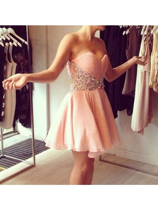 Rhinestone Strapless Sweetheart Peach Sexy Homecoming Dresses Chiffon A Line Jazmine Pleated Short