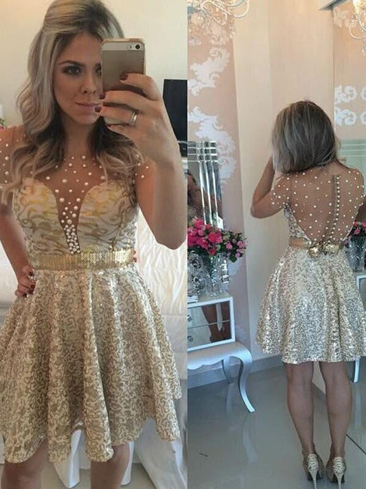 Jewel A Line Lilah Homecoming Dresses Short Sleeve Sheer Back Button Sequins Sexy Short