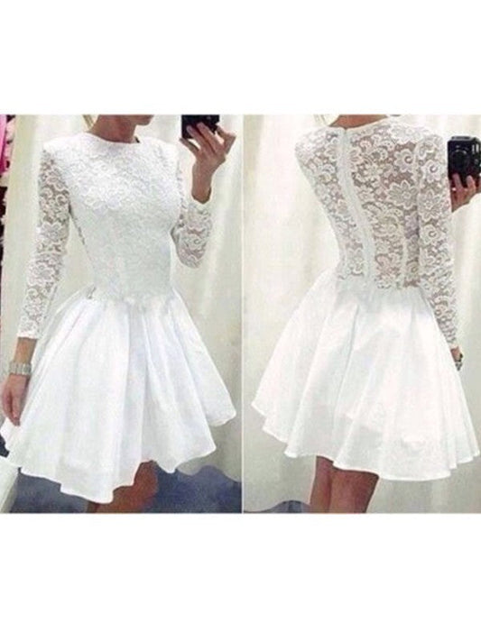 Long Sleeve Jewel White Skylar Homecoming Dresses A Line Lace Satin Pleated Appliques