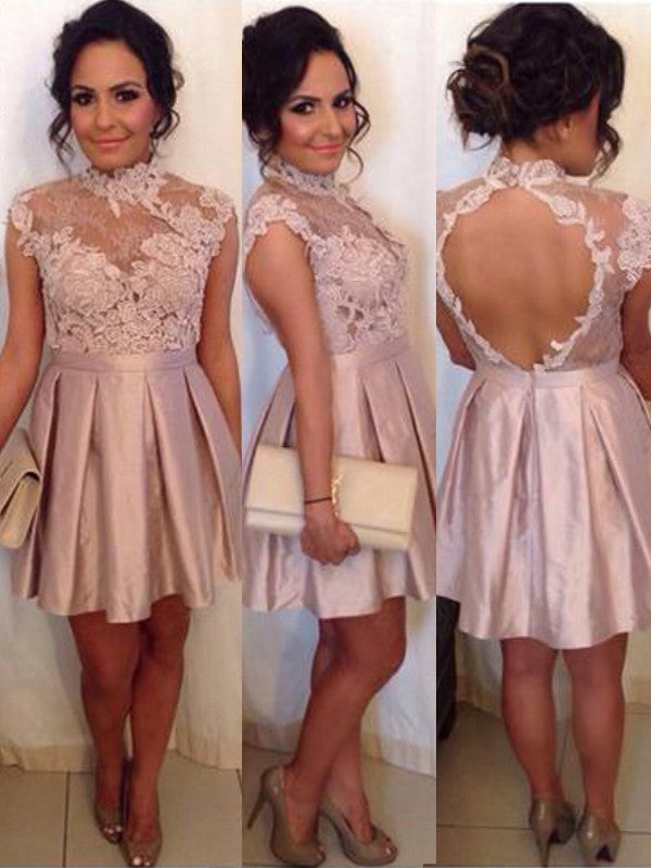 Appliques Sheer High Krystal Homecoming Dresses Satin Lace Neck Backless Cap Sleeve Dusty Rose