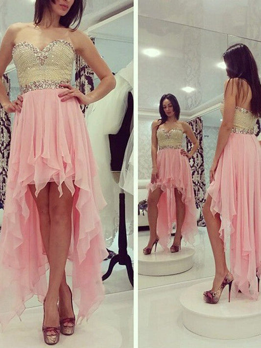 High Low Eden A Line Homecoming Dresses Pink Chiffon Strapless Sweetheart Backless Beading