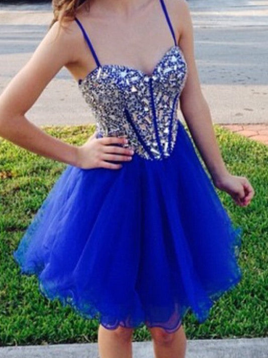 Rhinestone Spaghetti Straps Organza A Line Royal Blue Homecoming Dresses Reese Sweetheart