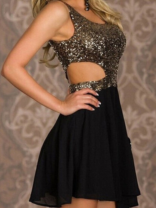 Scoop Sleeveless Cut Out Black Short Sexy A Line Sandra Chiffon Homecoming Dresses Sequins