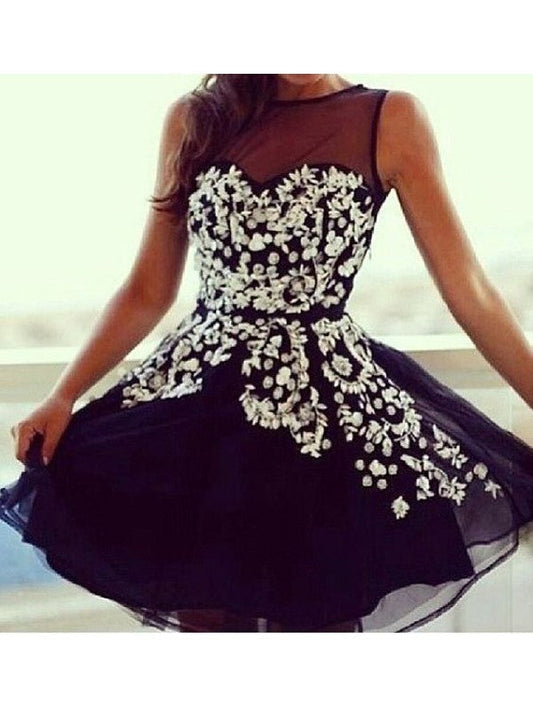 A Line Homecoming Dresses Maribel Jewel Sleeveless Sheer Black Appliques Flowers Pleated Tulle