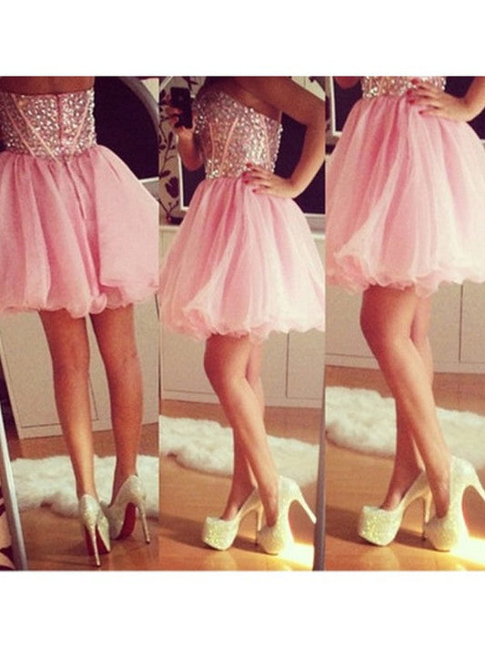 Organza Strapless Sweetheart Pleated A Line Homecoming Dresses Pink Naima Backless Beading Short