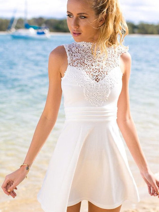 Sleeveless Jewel Short Brynn Lace Satin A Line Ivory Homecoming Dresses Hollow Flowers