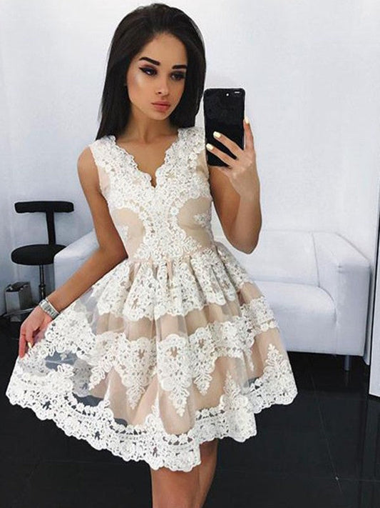 Macey Lace Homecoming Dresses Ivory A Line Sleeveless V Neck Flowers Appliques Pleated