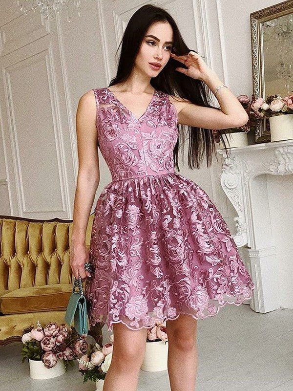 V Neck Sleeveless Ball Gown Appliques Kathryn Homecoming Dresses Pink Lace Flowers