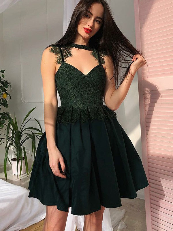 Sleeveless Pleated V Neck Lace Justice Satin Homecoming Dresses A Line Appliques Dark Green