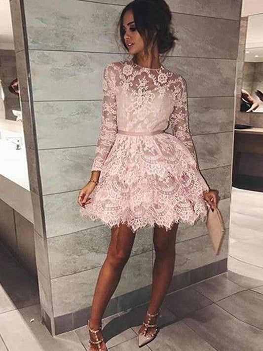 Long Sleeve Carlee Homecoming Dresses Lace Pink A Line Jewel Tiered Short Flowers Sheer