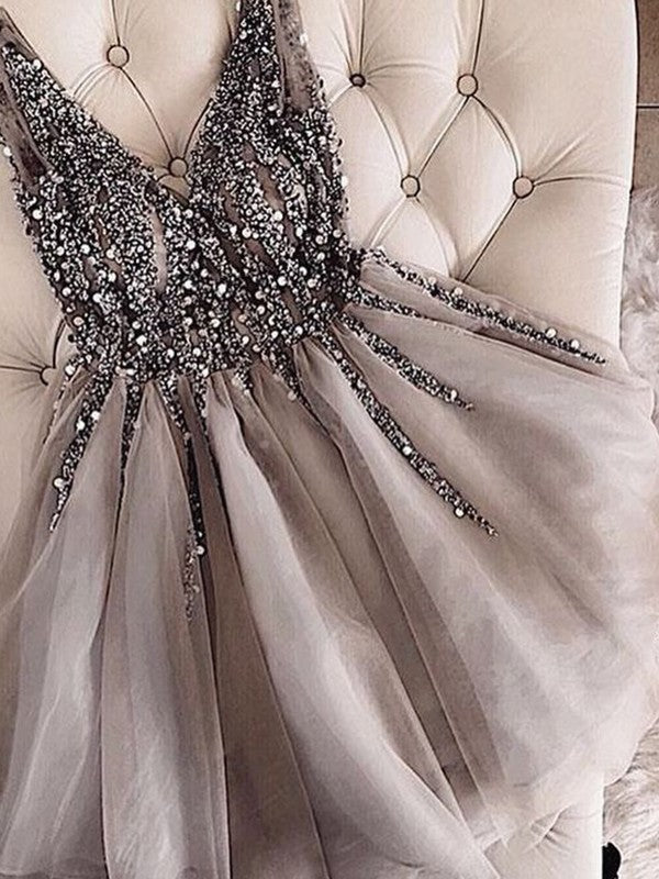 Sleeveless A Line Homecoming Dresses Tia Pleated V Neck Beading Tulle Backless