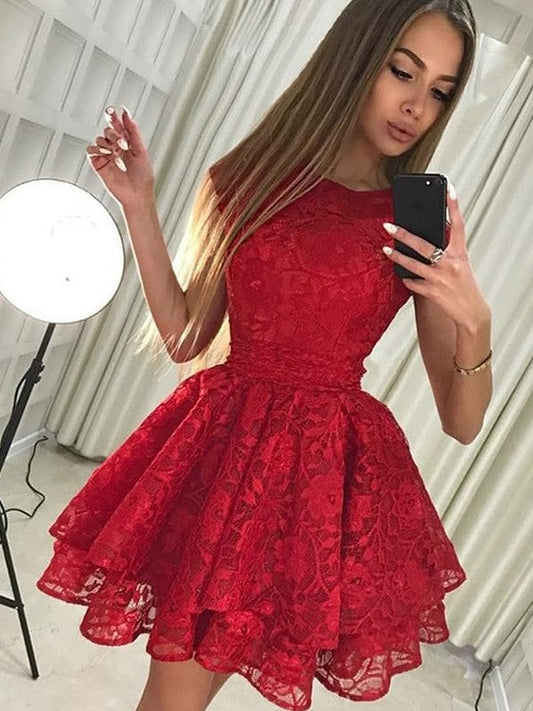 Red Pleated Appliques Flowers Lace Homecoming Dresses Erika A Line Pleated Tulle Cap Sleeve