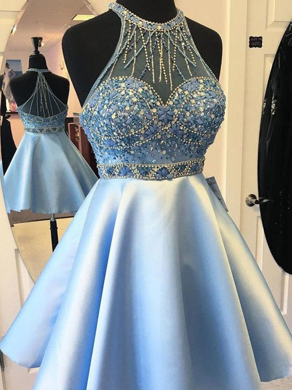 Blue Beading Rhinestone A Line Madison Satin Homecoming Dresses Sleeveless Halter Sheer Back