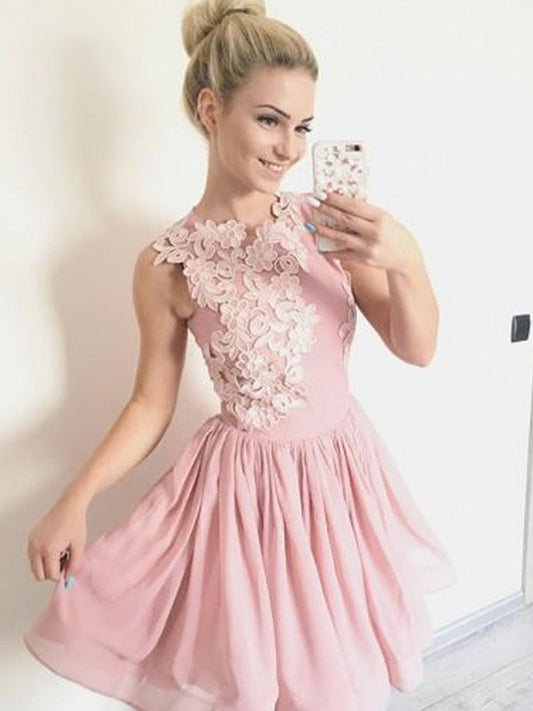 Sleeveless Jewel Chiffon Homecoming Dresses Greta A Line Pleated Appliques Flowers Short