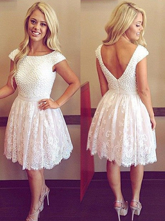 Scoop Lace Monica Homecoming Dresses Cap Sleeve White Ball Gown Flowers Backless Beading