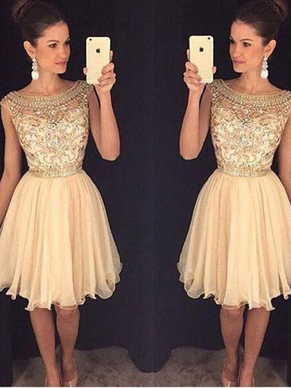 Scoop Cap Sleeve Champagne Cloe A Line Chiffon Homecoming Dresses Beading Knee Length Pleated