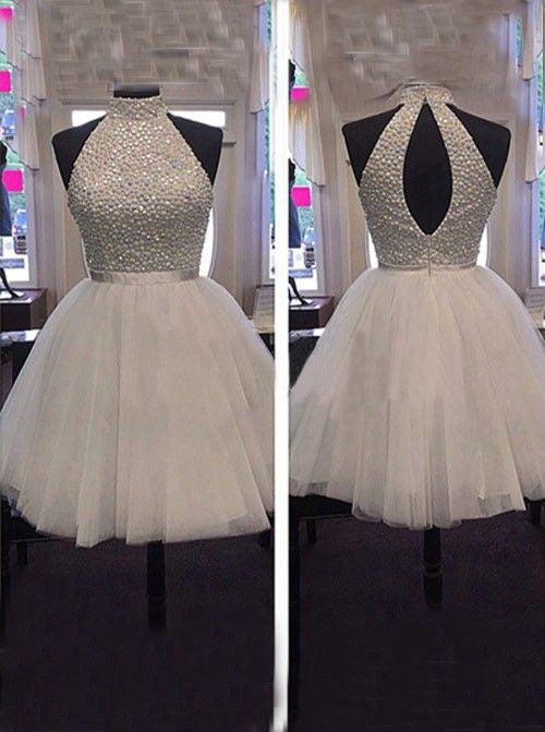 Tulle Sleeveless Halter Homecoming Dresses A Line Sherlyn Backless Cut Out Pleated White Beading