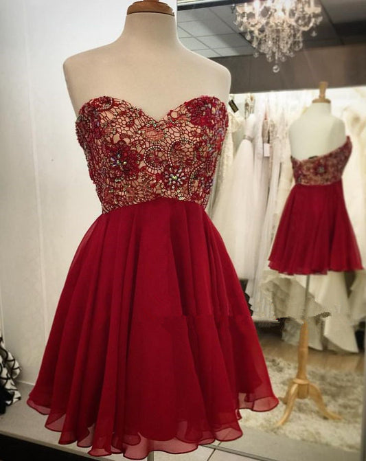 A Line Homecoming Dresses Rosa Lace Chiffon Backless Strapless Sweetheart Red Pleated Beading