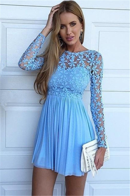 Jewel Long Sleeve Blue A Line Lace Homecoming Dresses Chiffon Kayden Hollow Flowers Pleated