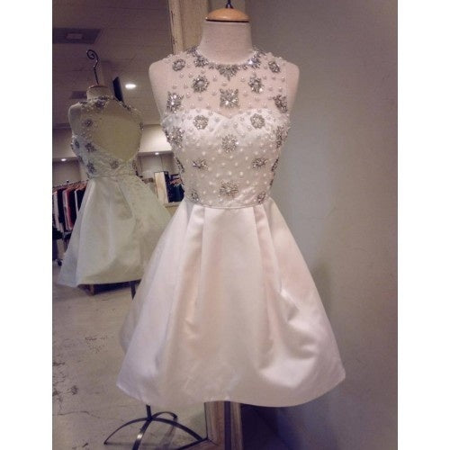 Jewel Sleeveless Taffeta Pleated Beading Backless Homecoming Dresses A Line Ivory Ashly Sheer