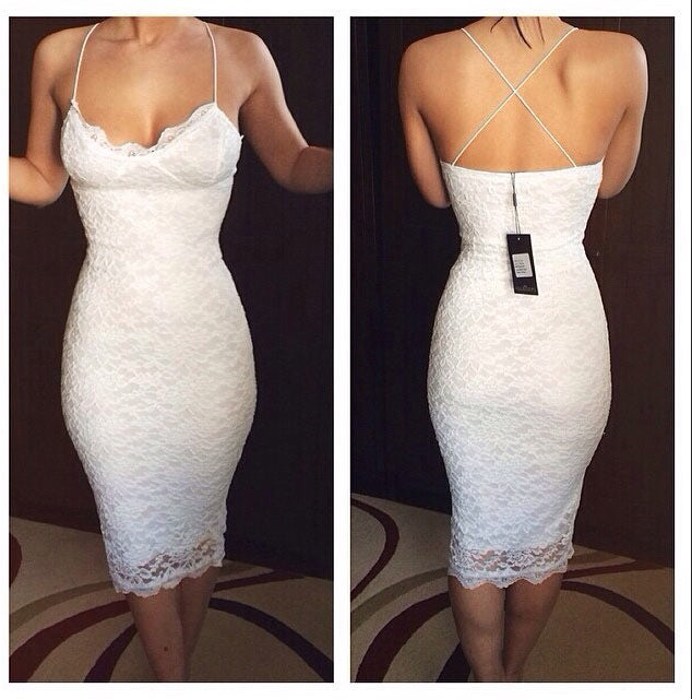 Spaghetti Straps White V Neck Lace Homecoming Dresses Leslie Criss Cross Backless Flowers Sheath