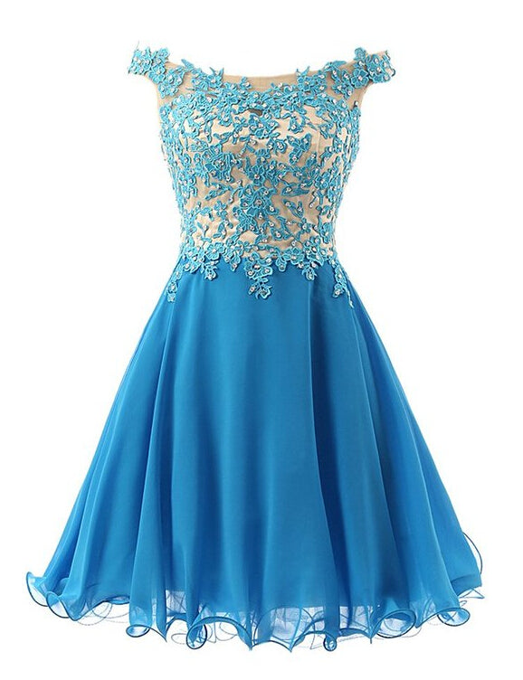 Off Chiffon Homecoming Dresses Heidi A Line The Shoulder Blue Pleated Appliques Flowers