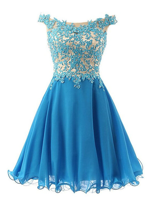 Off Chiffon Homecoming Dresses Heidi A Line The Shoulder Blue Pleated Appliques Flowers