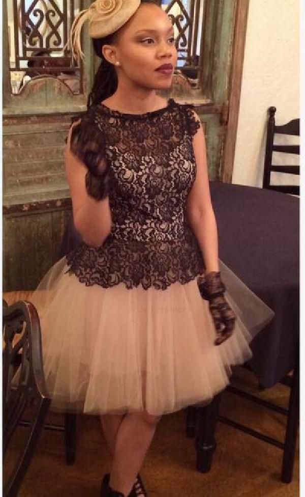 Homecoming Dresses A Line Daniella Lace Sleeveless Jewel Pleated Black Tulle Hollow Flowers