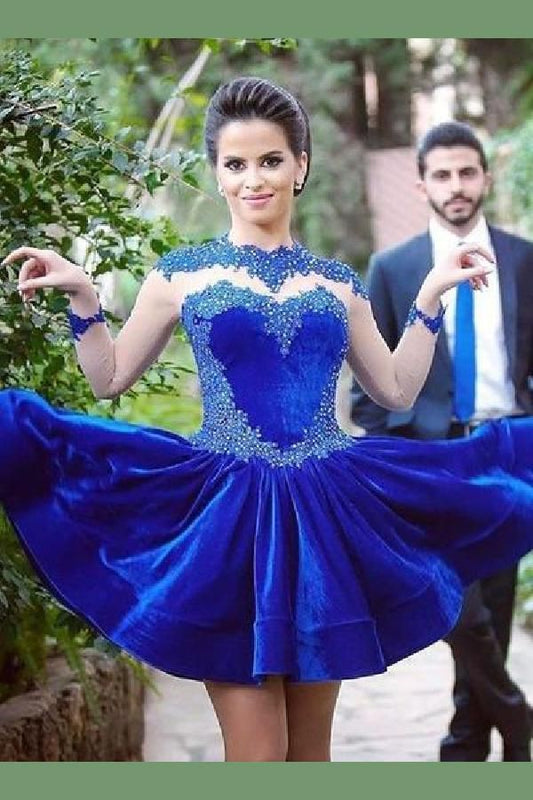 Jewel Long Satin Mavis Homecoming Dresses Royal Blue A Line Sleeve Beading Appliques Short