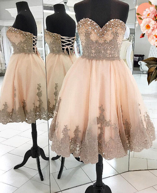 Strapless Giuliana Homecoming Dresses A Line Lace Sweetheart Backless Appliques Rhinestone Pleated