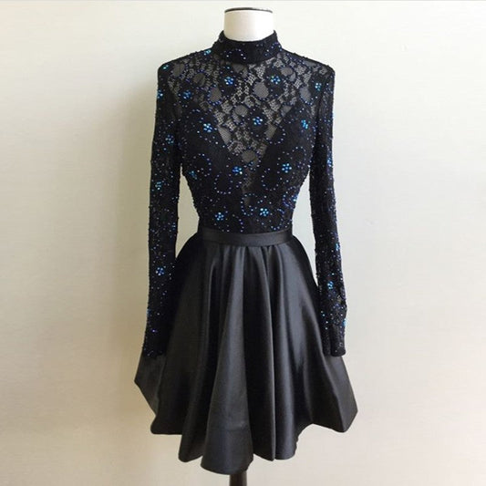 Beading Pleated Black Long Sleeve High A Line Lace Satin Homecoming Dresses Tabitha Neck Short